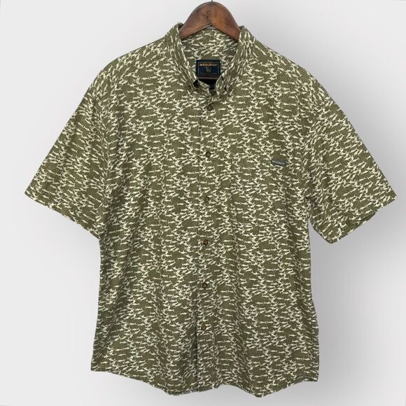 Woolrich Button Up Shirt Men Size L Moss Mini Swordfish Collared Pocket Hawaiian - Picture 1 of 11